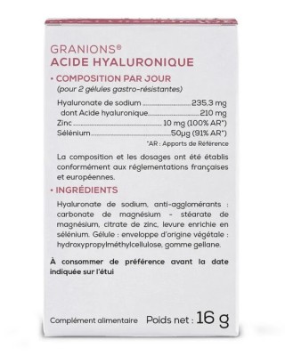 GRANIONS ACIDE HYALURONIQUE hialurono rūgštis – tai aukštos kokybės maisto papildas. 211 mg